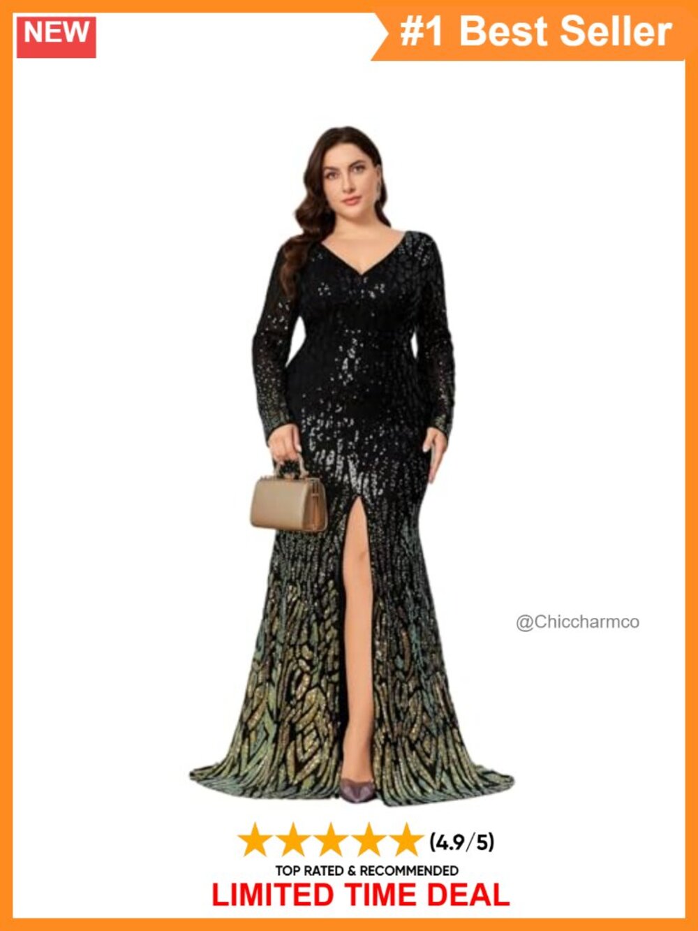 Plus Size Sequin Maxi Dress Long Sleeve V-Neck Formal Cocktail Evening Party
